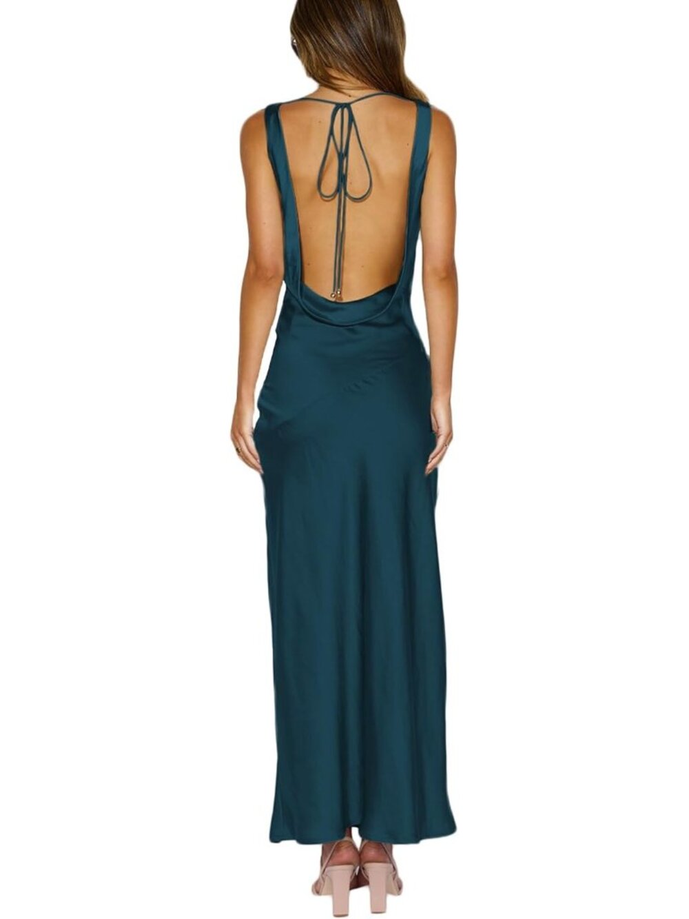 Women's Deep Green Cowl Neck Summer Satin Backless Sleeveless Elegant Maxi Dress